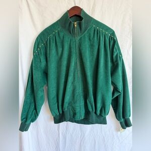 Vintage-style green velvet bomber jacket, with gold stud details